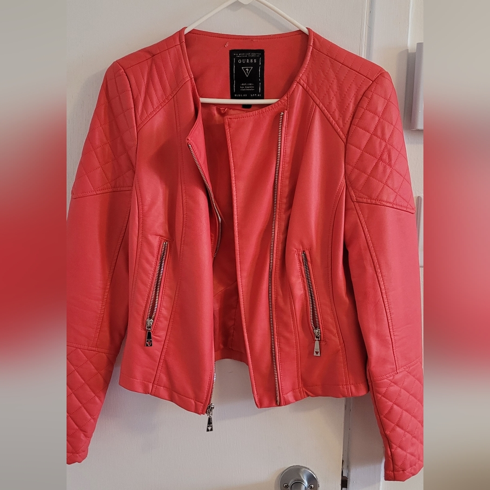 Pink Faux Leather Motorcycle Jacket with Quilting and Zippers